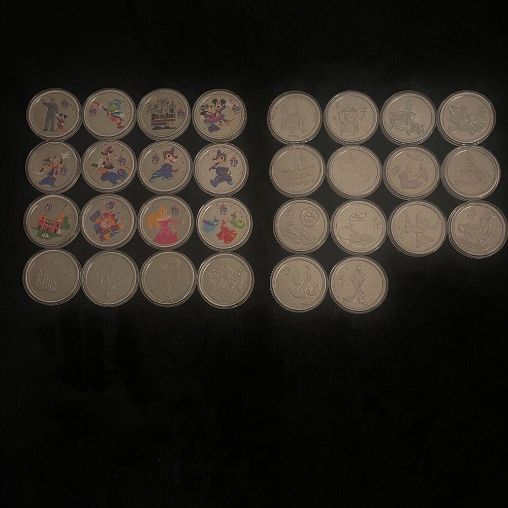 Disneyland 70th Celebration Complete Medallion Set Color Silver 30 Coins
